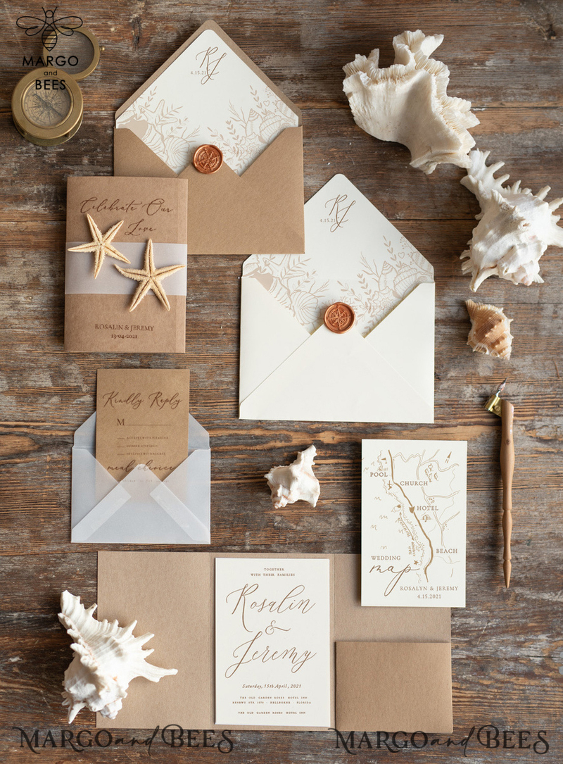 Beach  Wedding invitations Vellum bally band Wedding Invites with starfish Rustic Pocket Fold wedding Cards -3
