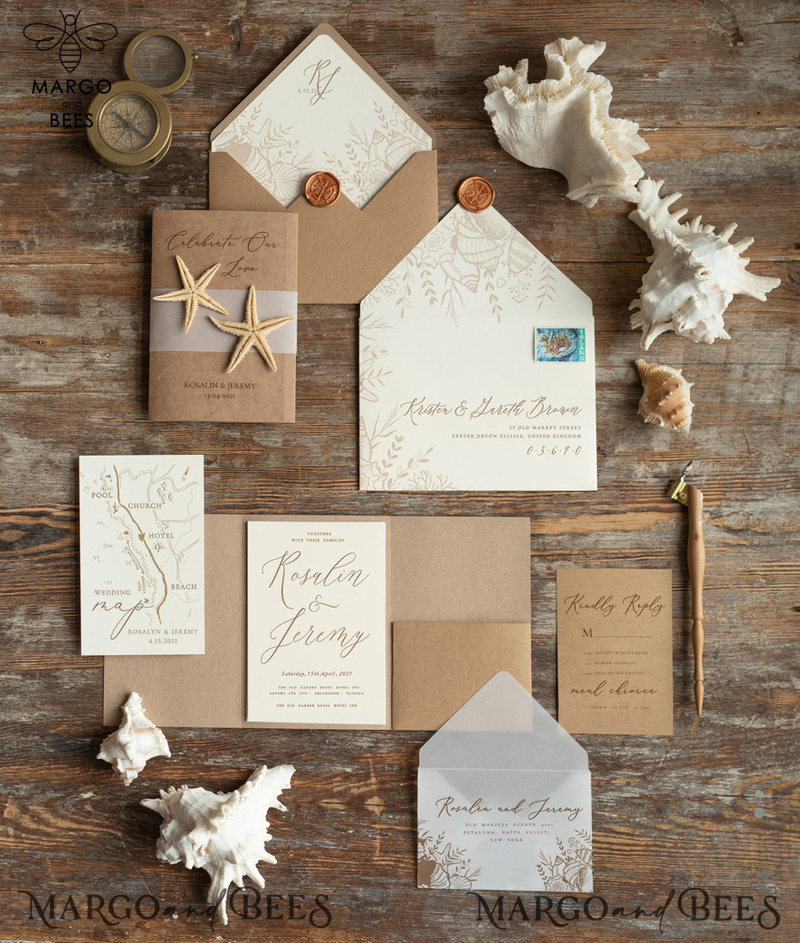 Beach  Wedding invitations Vellum bally band Wedding Invites with starfish Rustic Pocket Fold wedding Cards -0