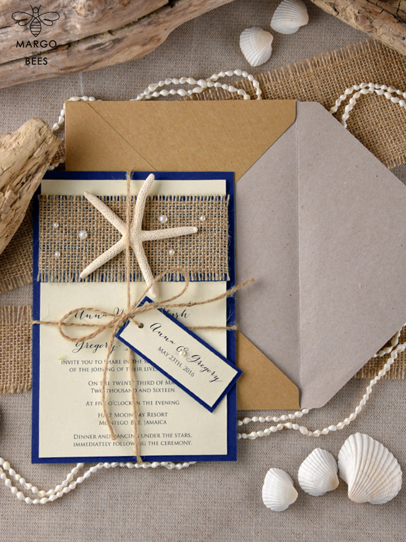Beach navy Wedding invitations Starfish Wedding Invites destination wedding Cards with  tag and twine Eco envelope-1