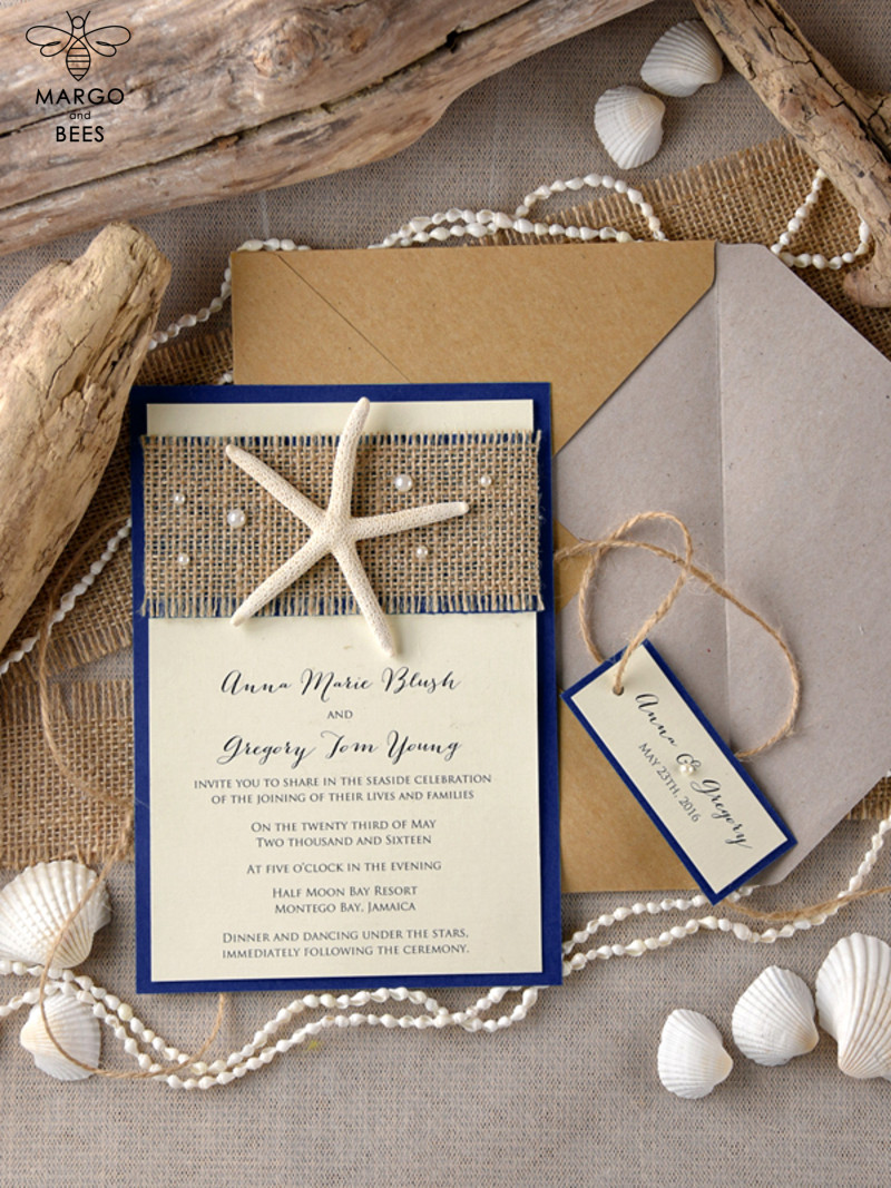 Beach navy Wedding invitations Starfish Wedding Invites destination wedding Cards with  tag and twine Eco envelope-3