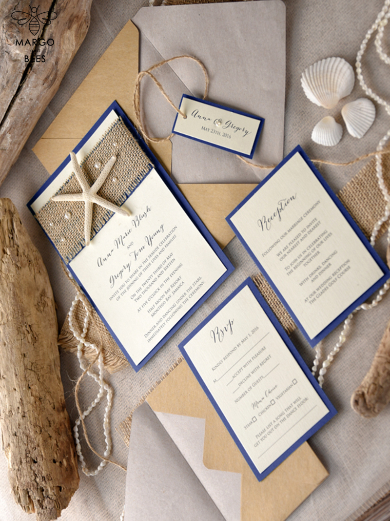 Beach navy Wedding invitations Starfish Wedding Invites destination wedding Cards with  tag and twine Eco envelope-7