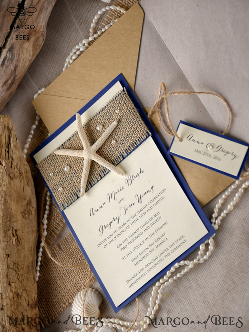 Beach navy Wedding invitations Starfish Wedding Invites destination wedding Cards with  tag and twine Eco envelope-4