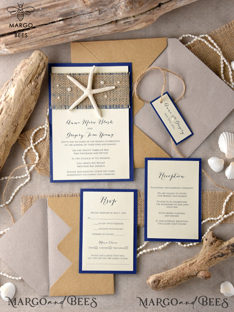 Beach navy Wedding invitations Starfish Wedding Invites destination wedding Cards with  tag and twine Eco envelope-6