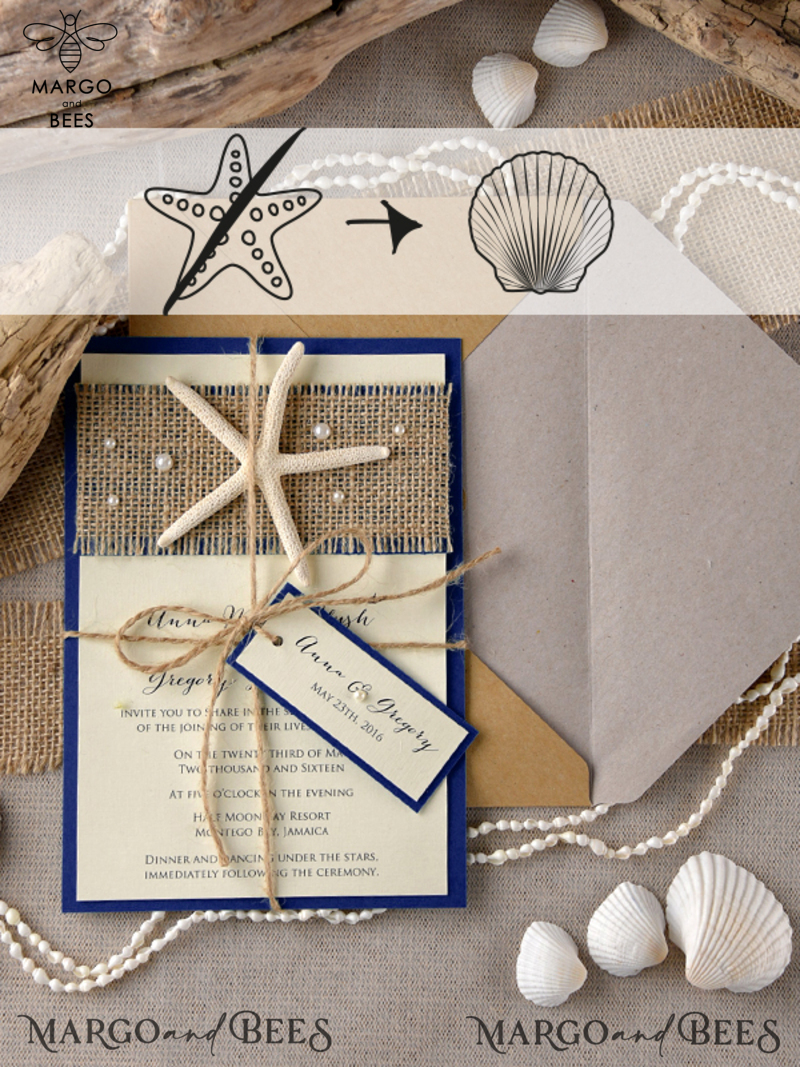 Beach navy Wedding invitations Starfish Wedding Invites destination wedding Cards with  tag and twine Eco envelope-0