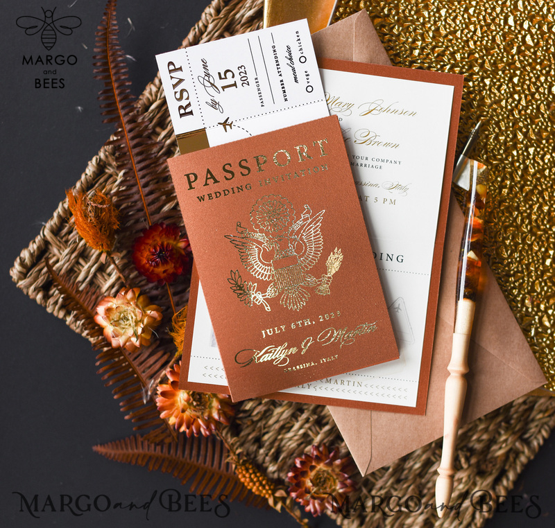 Terracotta Gold Passport Wedding Invitation, Wedding Cards  Boarding Pass,  Passport Wedding Invitations  Abroad, Destination Wedding Invites, Travel Map Wedding Stationary-3