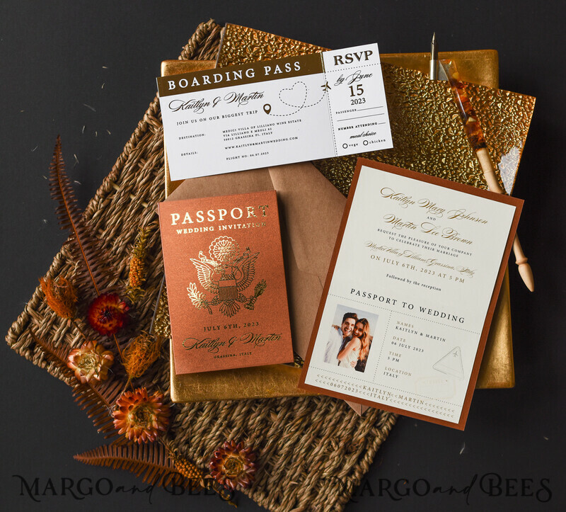 Terracotta Gold Passport Wedding Invitation, Wedding Cards Boarding Pass, Passport Wedding Invitations Abroad-1