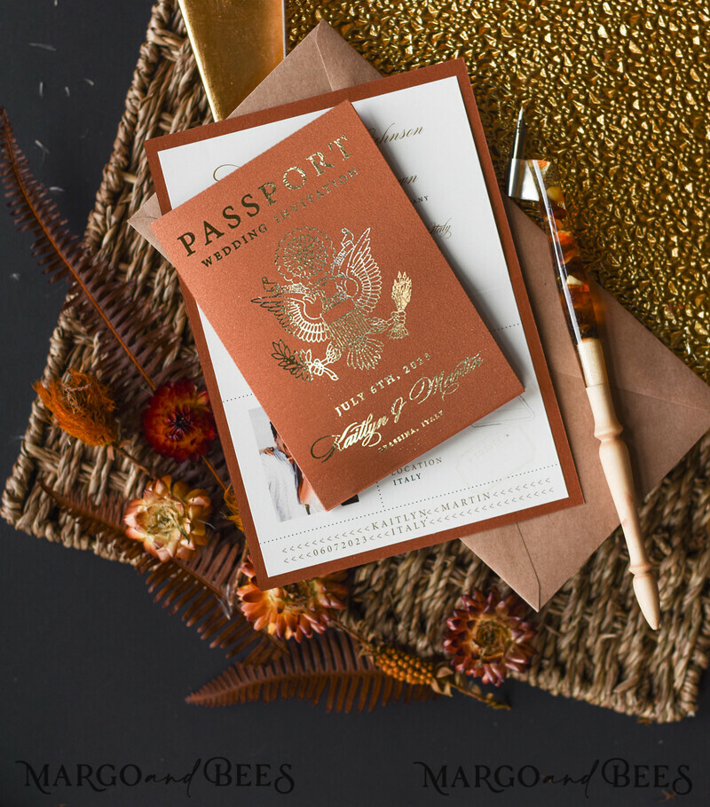 Terracotta Gold Passport Wedding Invitation, Wedding Cards Boarding Pass, Passport Wedding Invitations Abroad-10