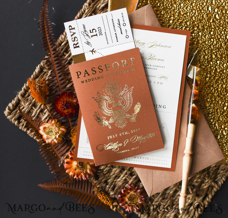 Terracotta Gold Passport Wedding Invitation, Wedding Cards Boarding Pass, Passport Wedding Invitations Abroad-4