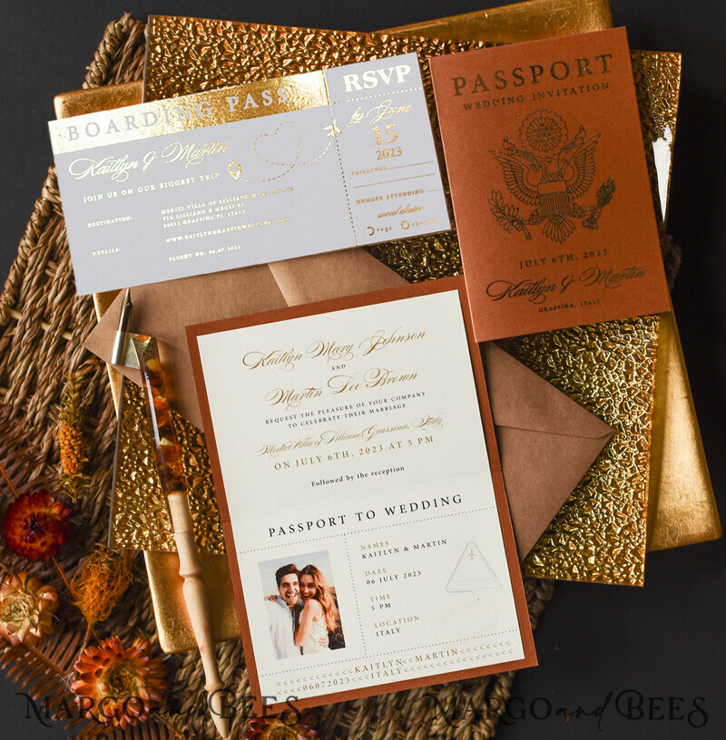 Terracotta Gold Passport Wedding Invitation, Wedding Cards Boarding Pass, Passport Wedding Invitations Abroad-6