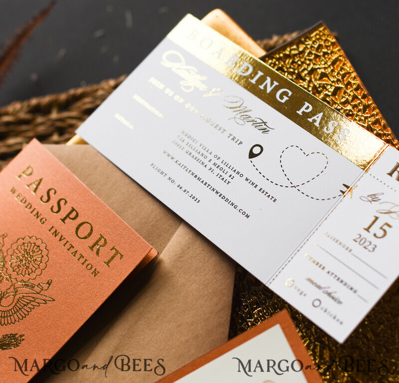 Terracotta Gold Passport Wedding Invitation, Wedding Cards Boarding Pass, Passport Wedding Invitations Abroad-7