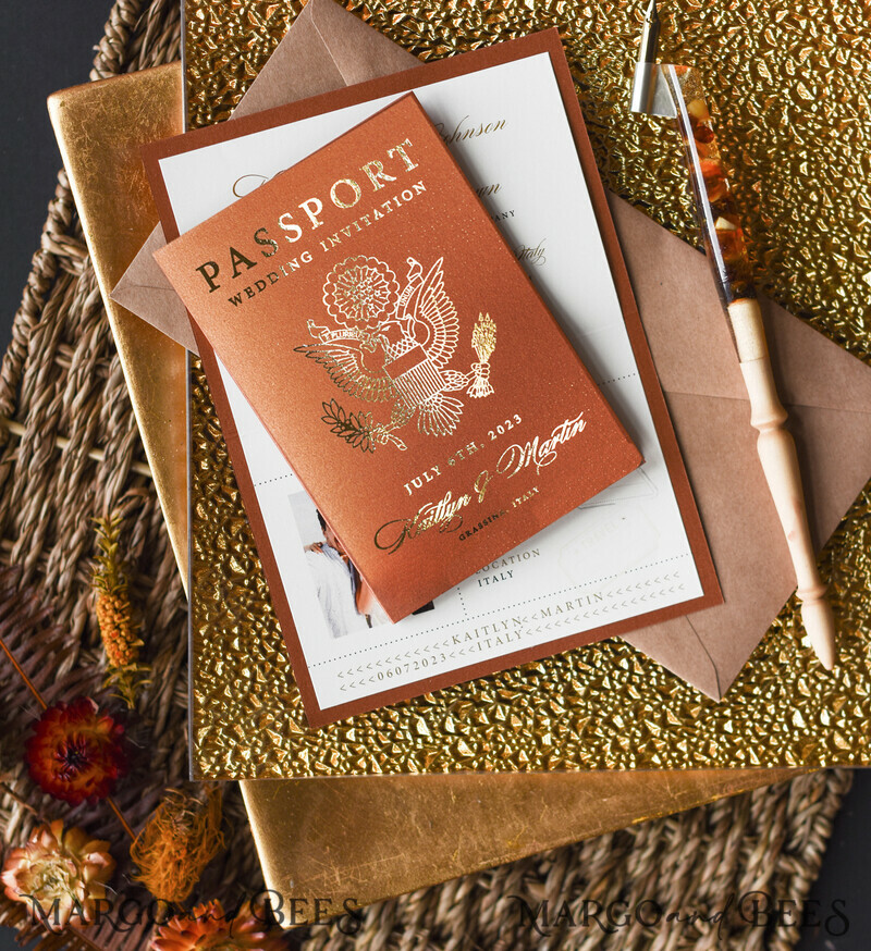 Terracotta Gold Passport Wedding Invitation, Wedding Cards Boarding Pass, Passport Wedding Invitations Abroad-9