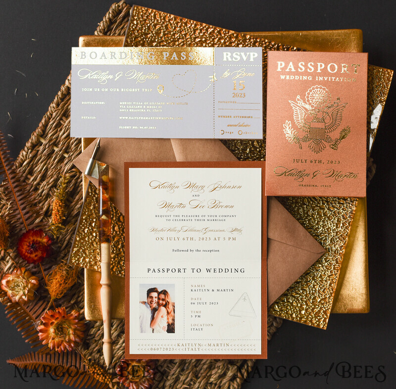 Terracotta Gold Passport Wedding Invitation, Wedding Cards Boarding Pass, Passport Wedding Invitations Abroad-0