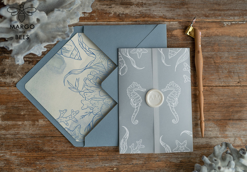 Beach dusty Blue  Wedding invitations Vellum wrapping Wedding Invites with Sea horses Wax seal wedding Cards -2