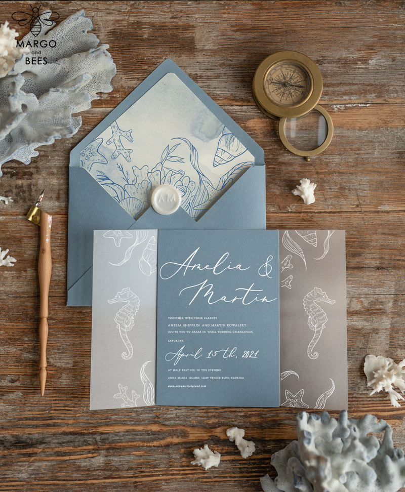 Beach dusty Blue  Wedding invitations Vellum wrapping Wedding Invites with Sea horses Wax seal wedding Cards -3