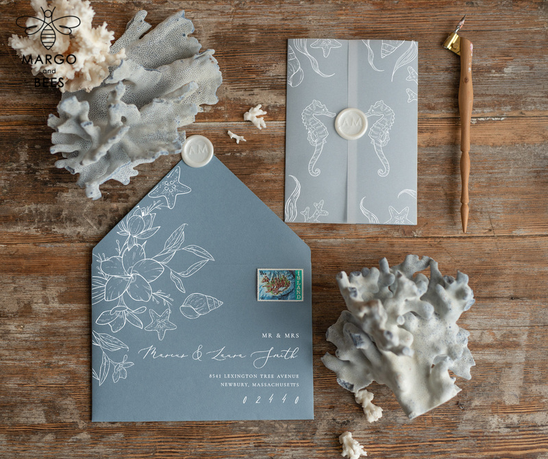 Beach dusty Blue  Wedding invitations Vellum wrapping Wedding Invites with Sea horses Wax seal wedding Cards -5