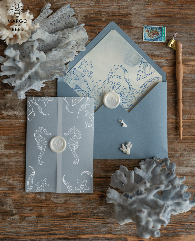 Beach dusty Blue  Wedding invitations Vellum wrapping Wedding Invites with Sea horses Wax seal wedding Cards -6