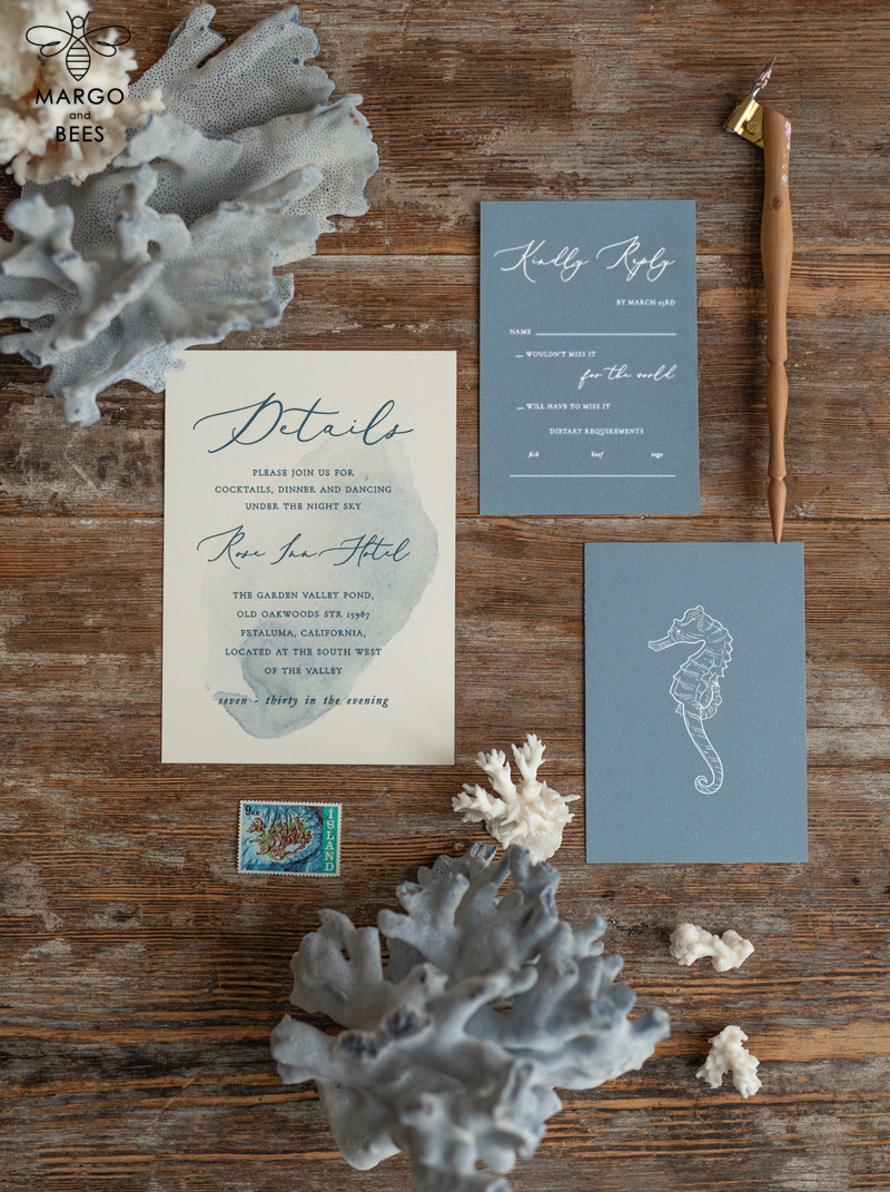 Beach dusty Blue  Wedding invitations Vellum wrapping Wedding Invites with Sea horses Wax seal wedding Cards -7