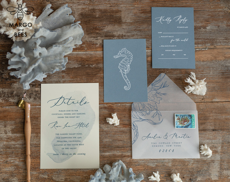 Beach dusty Blue  Wedding invitations Vellum wrapping Wedding Invites with Sea horses Wax seal wedding Cards -8