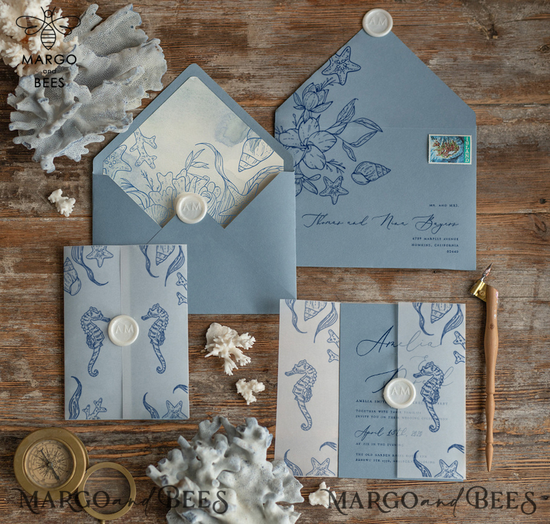 Beach dusty Blue  Wedding invitations Vellum wrapping Wedding Invites with Sea horses Wax seal wedding Cards -1