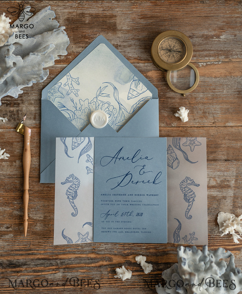 Beach dusty Blue  Wedding invitations Vellum wrapping Wedding Invites with Sea horses Wax seal wedding Cards -2