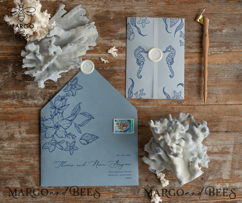 Beach dusty Blue  Wedding invitations Vellum wrapping Wedding Invites with Sea horses Wax seal wedding Cards -4