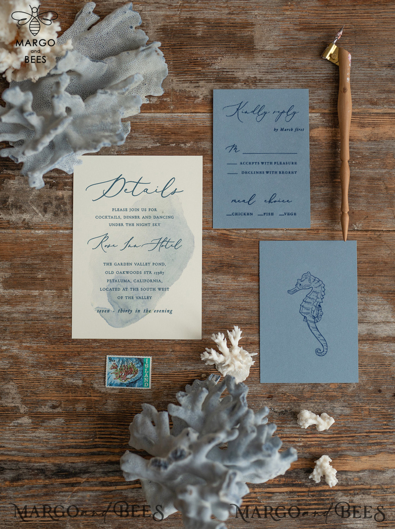 Beach dusty Blue  Wedding invitations Vellum wrapping Wedding Invites with Sea horses Wax seal wedding Cards -5