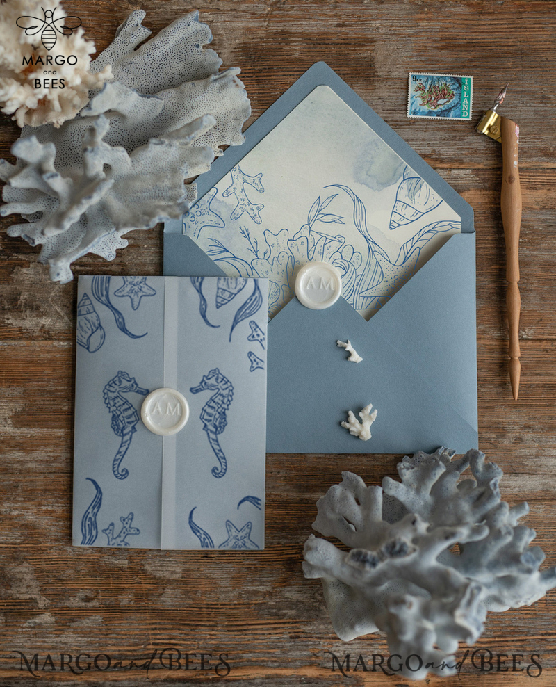 Beach dusty Blue  Wedding invitations Vellum wrapping Wedding Invites with Sea horses Wax seal wedding Cards -6