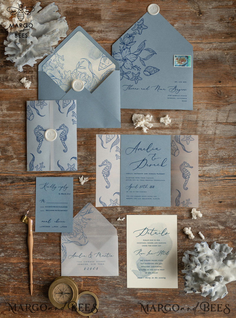 Beach dusty Blue  Wedding invitations Vellum wrapping Wedding Invites with Sea horses Wax seal wedding Cards -0