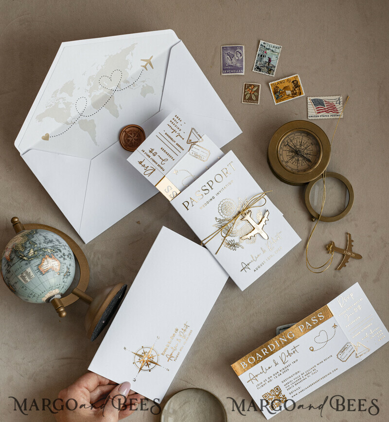 ✈️ Gold & White Passport Wedding Invitation | Destination Wedding Boarding Pass & Travel Map Stationery Set -5