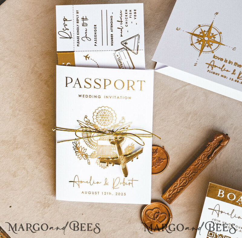 ✈️ Gold & White Passport Wedding Invitation | Destination Wedding Boarding Pass & Travel Map Stationery Set -1