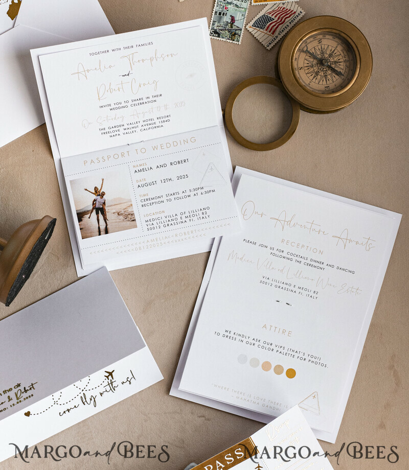✈️ Gold & White Passport Wedding Invitation | Destination Wedding Boarding Pass & Travel Map Stationery Set -2