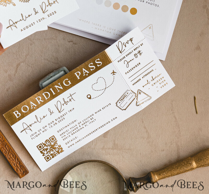 ✈️ Gold & White Passport Wedding Invitation | Destination Wedding Boarding Pass & Travel Map Stationery Set -3