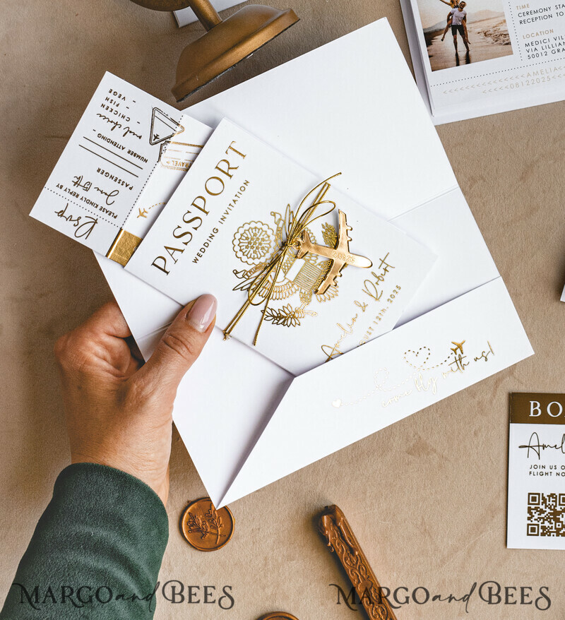 ✈️ Gold & White Passport Wedding Invitation | Destination Wedding Boarding Pass & Travel Map Stationery Set -4