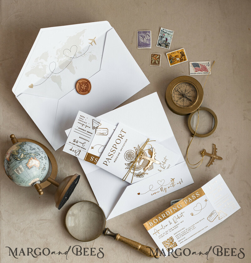 ✈️ Gold & White Passport Wedding Invitation | Destination Wedding Boarding Pass & Travel Map Stationery Set -6