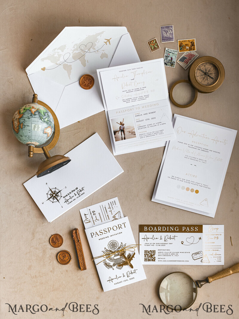 ✈️ Gold & White Passport Wedding Invitation | Destination Wedding Boarding Pass & Travel Map Stationery Set -7