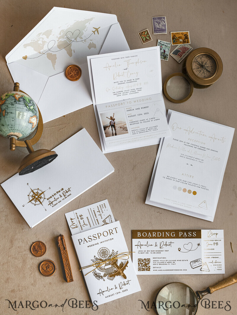 ✈️ Gold & White Passport Wedding Invitation | Destination Wedding Boarding Pass & Travel Map Stationery Set -8