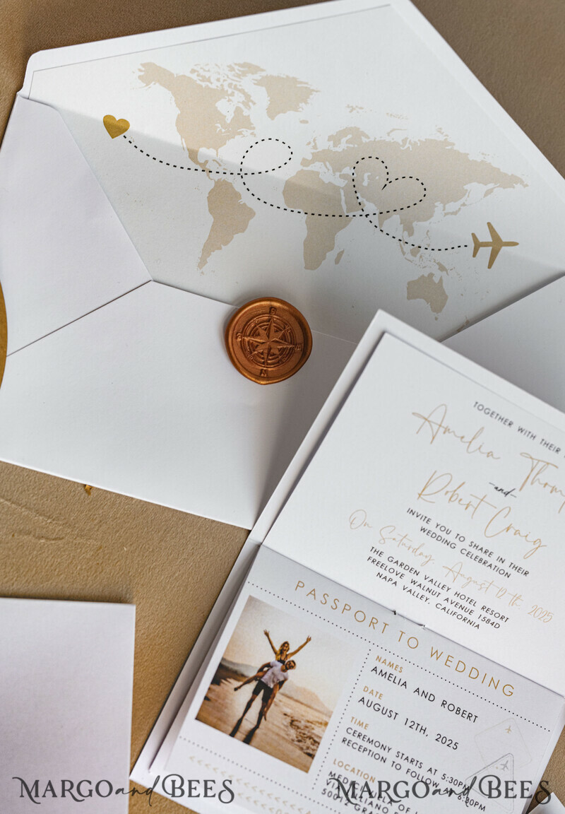 ✈️ Gold & White Passport Wedding Invitation | Destination Wedding Boarding Pass & Travel Map Stationery Set -9