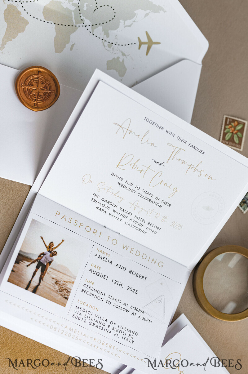 ✈️ Gold & White Passport Wedding Invitation | Destination Wedding Boarding Pass & Travel Map Stationery Set -10