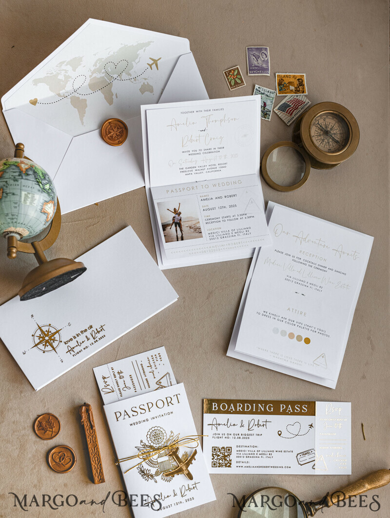 ✈️ Gold & White Passport Wedding Invitation | Destination Wedding Boarding Pass & Travel Map Stationery Set -11