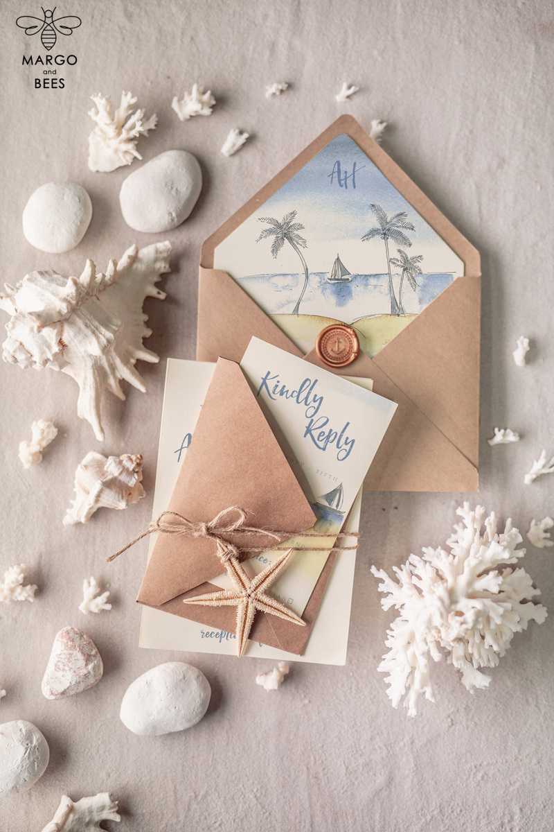 Beach Wedding invitations Starfish Wedding Invites Tropical wedding Cards with twine Vellum envelope-13