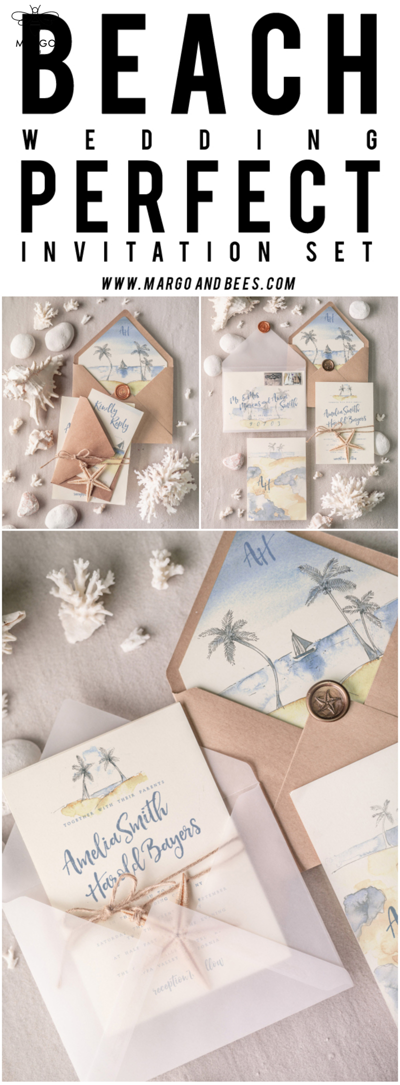 Beach Wedding invitations Starfish Wedding Invites Tropical wedding Cards with twine Vellum envelope-18