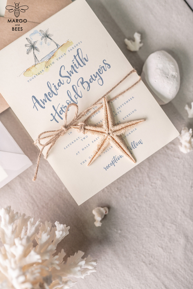 Beach Wedding invitations Starfish Wedding Invites Tropical wedding Cards with twine Vellum envelope-5