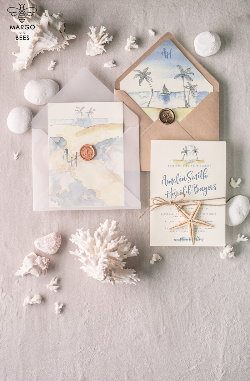 Beach Wedding invitations Starfish Wedding Invites Tropical wedding Cards with twine Vellum envelope-6