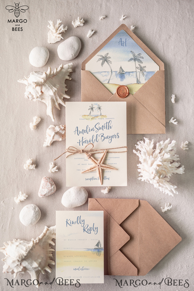 Beach Wedding invitations Starfish Wedding Invites Tropical wedding Cards with twine Vellum envelope-1