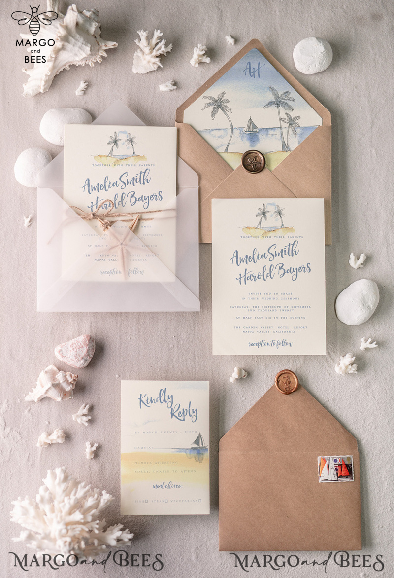 Beach Wedding invitations Starfish Wedding Invites Tropical wedding Cards with twine Vellum envelope-9