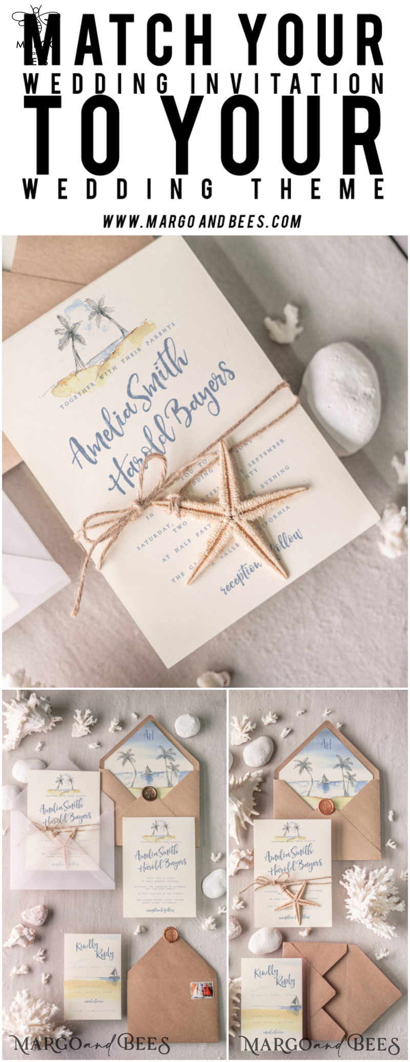Beach Wedding invitations Starfish Wedding Invites Tropical wedding Cards with twine Vellum envelope-17