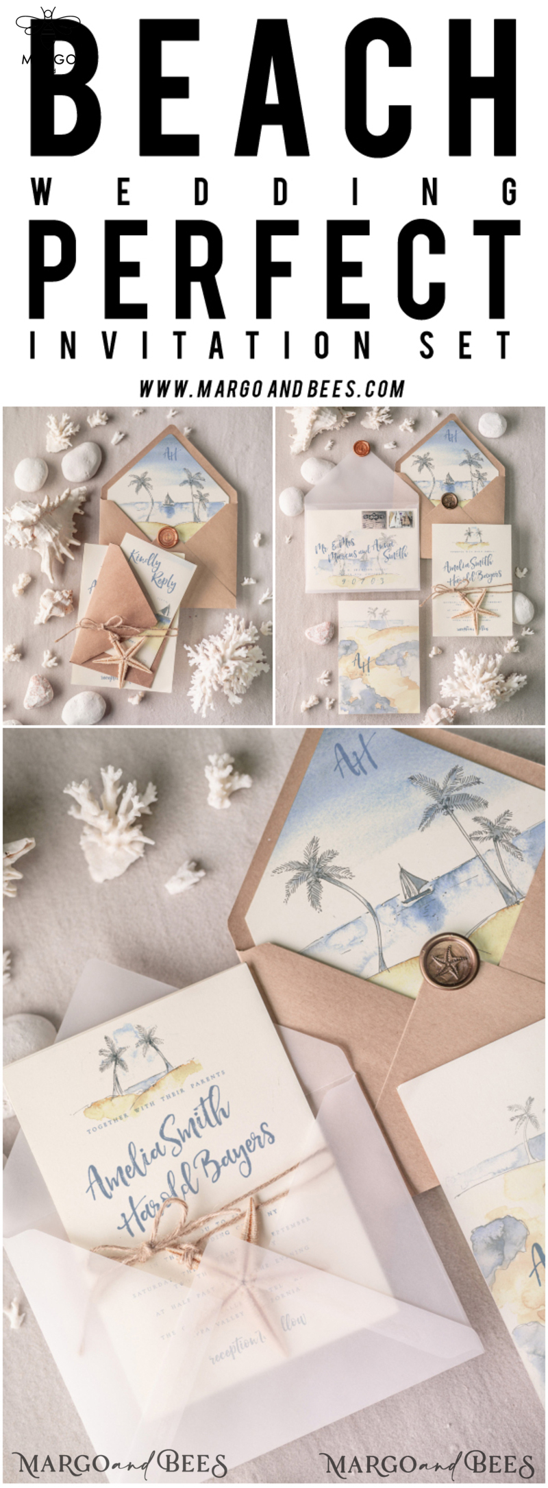 Beach Wedding invitations Starfish Wedding Invites Tropical wedding Cards with twine Vellum envelope-18