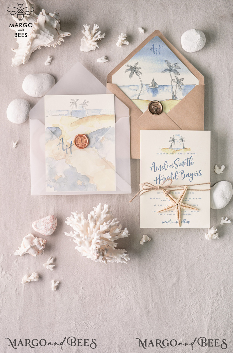Beach Wedding invitations Starfish Wedding Invites Tropical wedding Cards with twine Vellum envelope-6