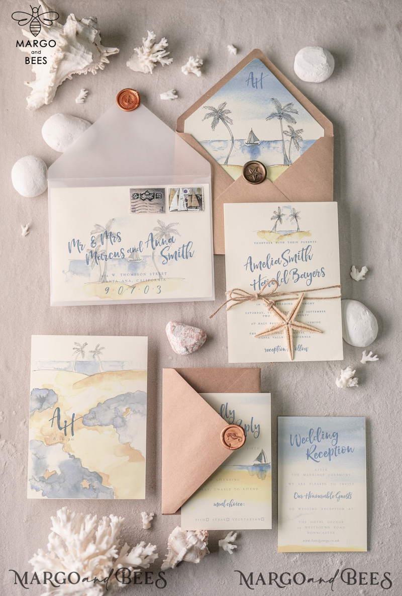 Beach Wedding invitations Starfish Wedding Invites Tropical wedding Cards with twine Vellum envelope-0
