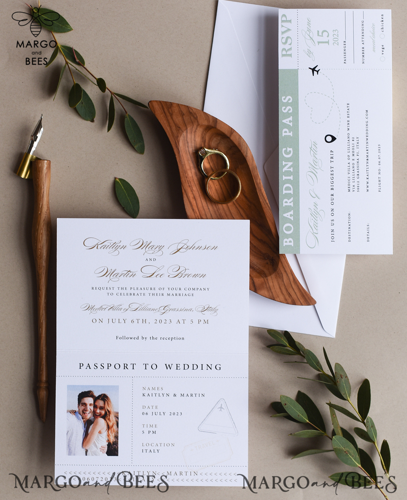 Sage Green Passport Wedding Invitation, Wedding Cards  Boarding Pass,  Tuscany Passport Wedding Invitations  Abroad, Destination Wedding Invites, Travel Map Wedding Stationary-1